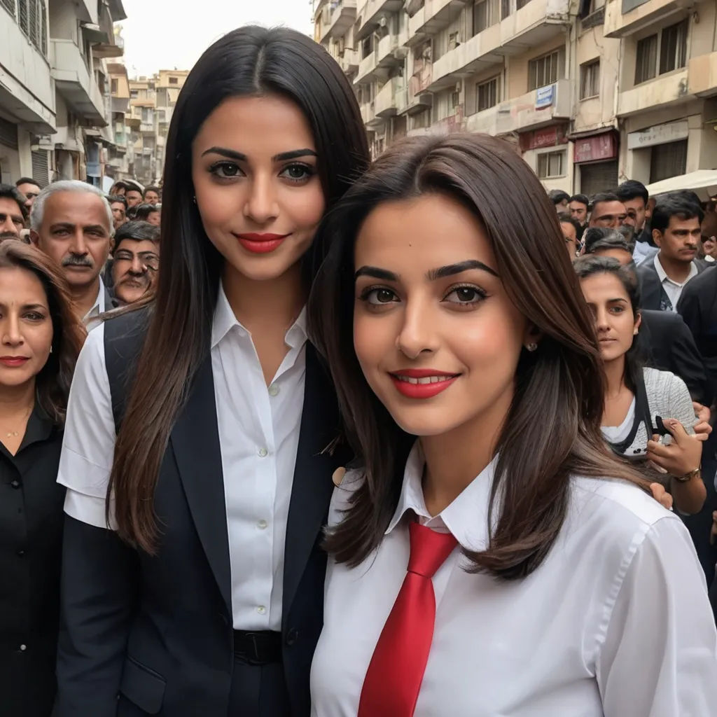 two women in business attire posing for a picture in front of a crowd of people in a city street, samikshavad, a photocopy, Bouchta El Hayani, vfx