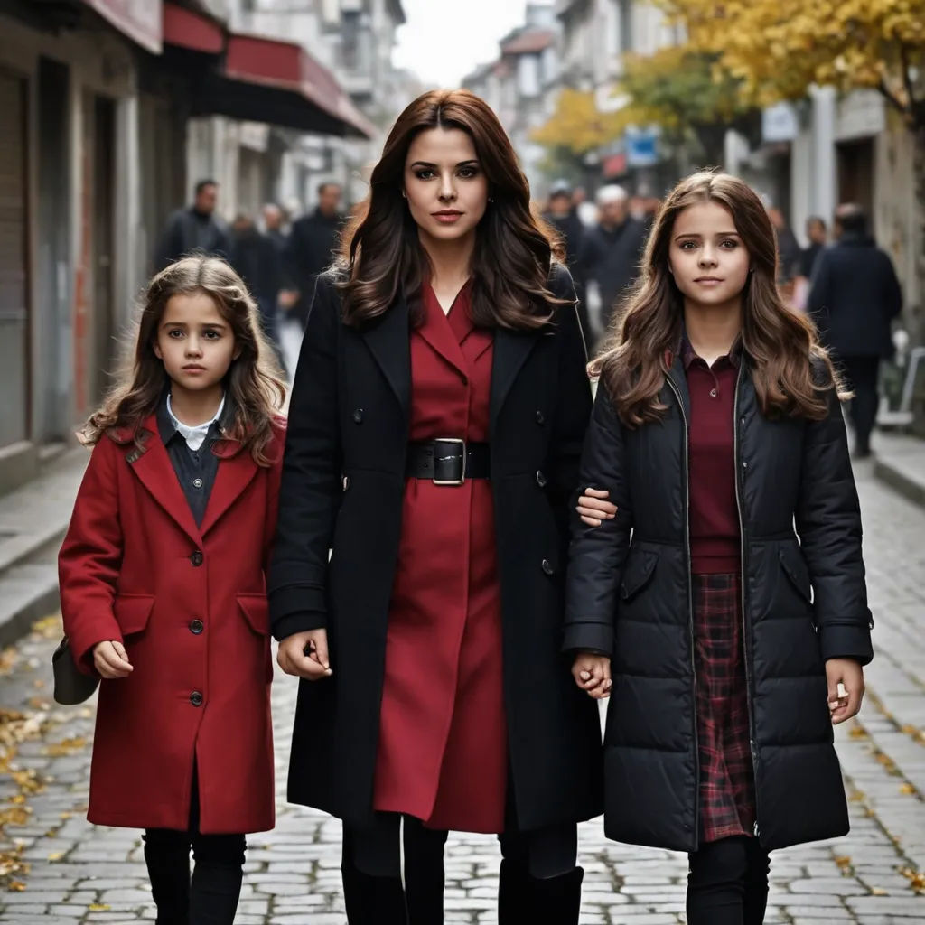 a woman and two girls walking down a street together in coats and dresses with a red dress and black coat, aestheticism, a poster, Ayshia Taşkın, promotional image