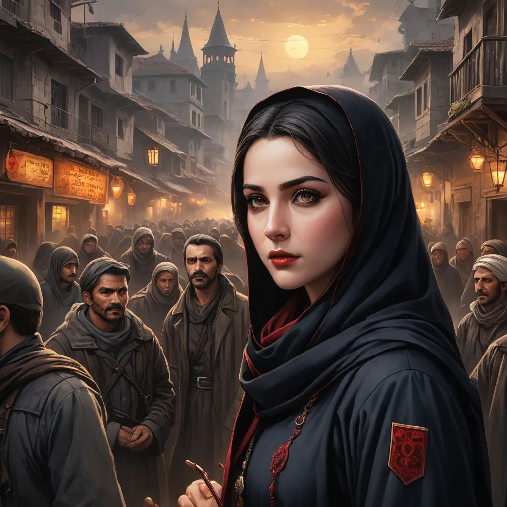 a painting of a woman in a crowd of people in a city at night with a full moon in the background, fantasy art, a detailed painting, Chris Rallis, magic the gathering artwork