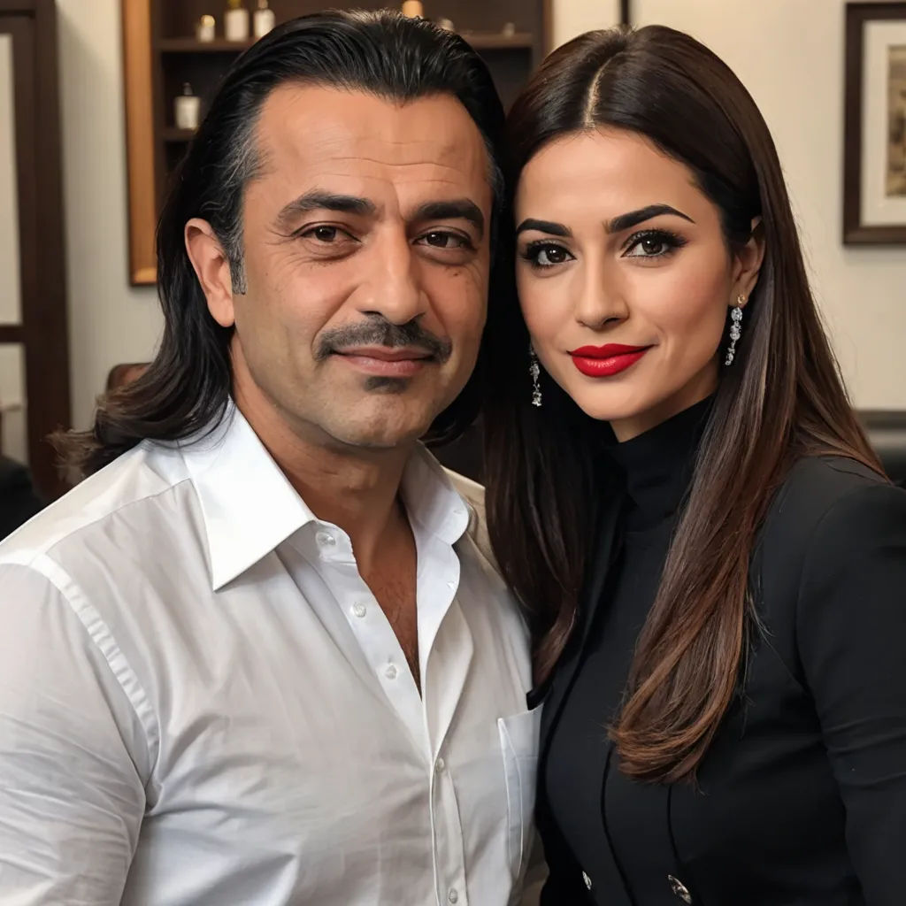 a man and a woman posing for a picture together in a living room with a fireplace in the background, private press, a picture, Altoon Sultan, head and shoulders portrait