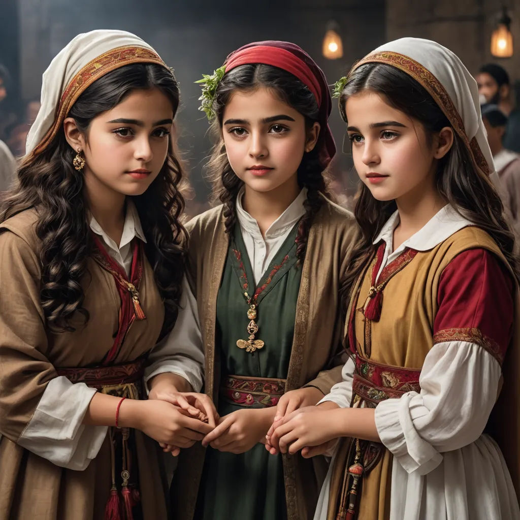three girls in traditional clothing standing together in a crowd of people in a building with lights on them and a woman standing behind them, antipodeans, a colorized photo, Ayshia Taşkın, medieval
