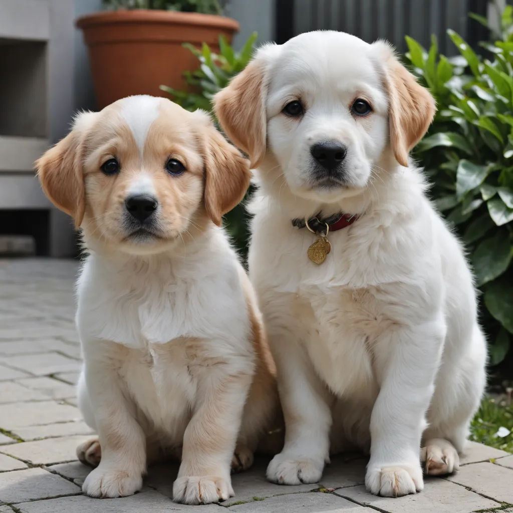 two white and brown dogs sitting on a brick walkway next to a potted plant and a potted plant, neoism, a photocopy, Andries Both, cute and adorable