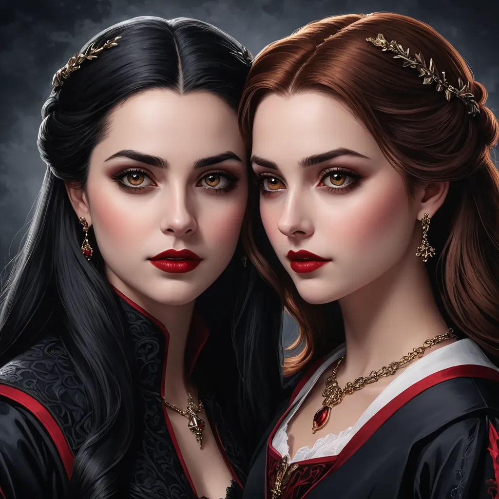 two women with red hair and black dress are facing each other and one has her eyes closed and the other has her hair in a bun, gothic art, a detailed painting, Charlie Bowater, highly detailed digital painting