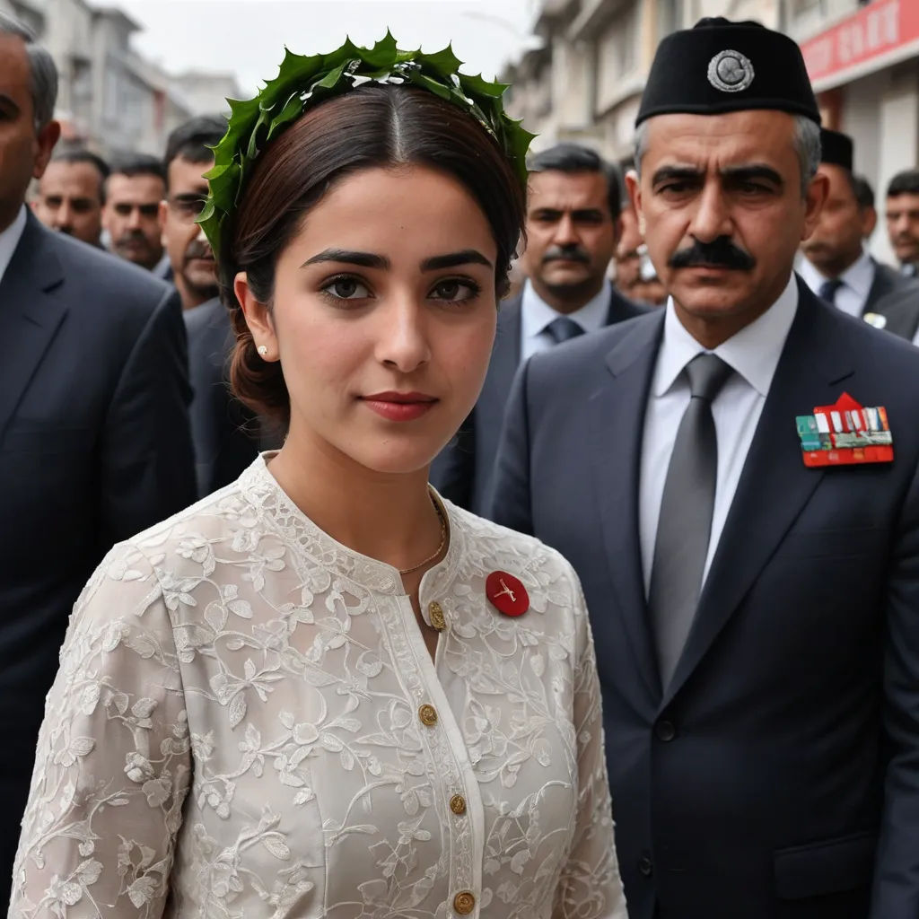 a woman in a white dress and a man in a suit and tie and a wreath on her head, qajar art, a photo, Ayshia Taşkın, vfx