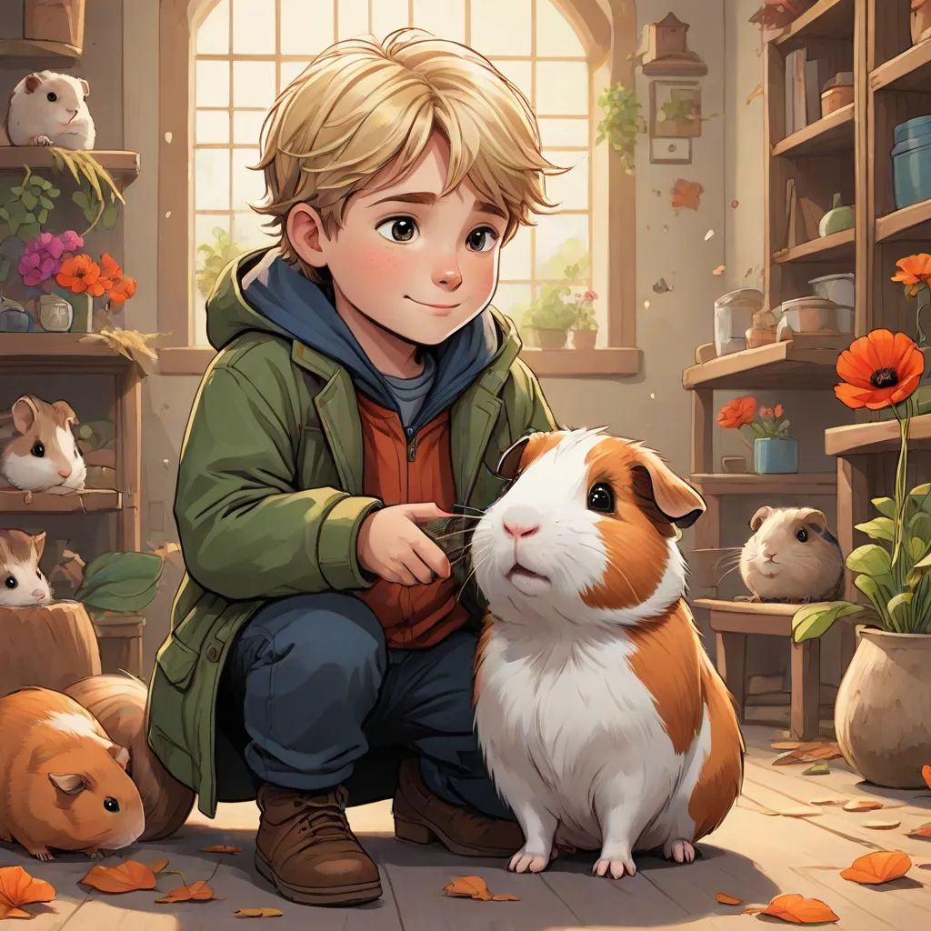 a boy petting a guinea pig in a room full of hamsters and gerbils, with a window in the background, a storybook illustration, Cliff Childs, furry art, official art