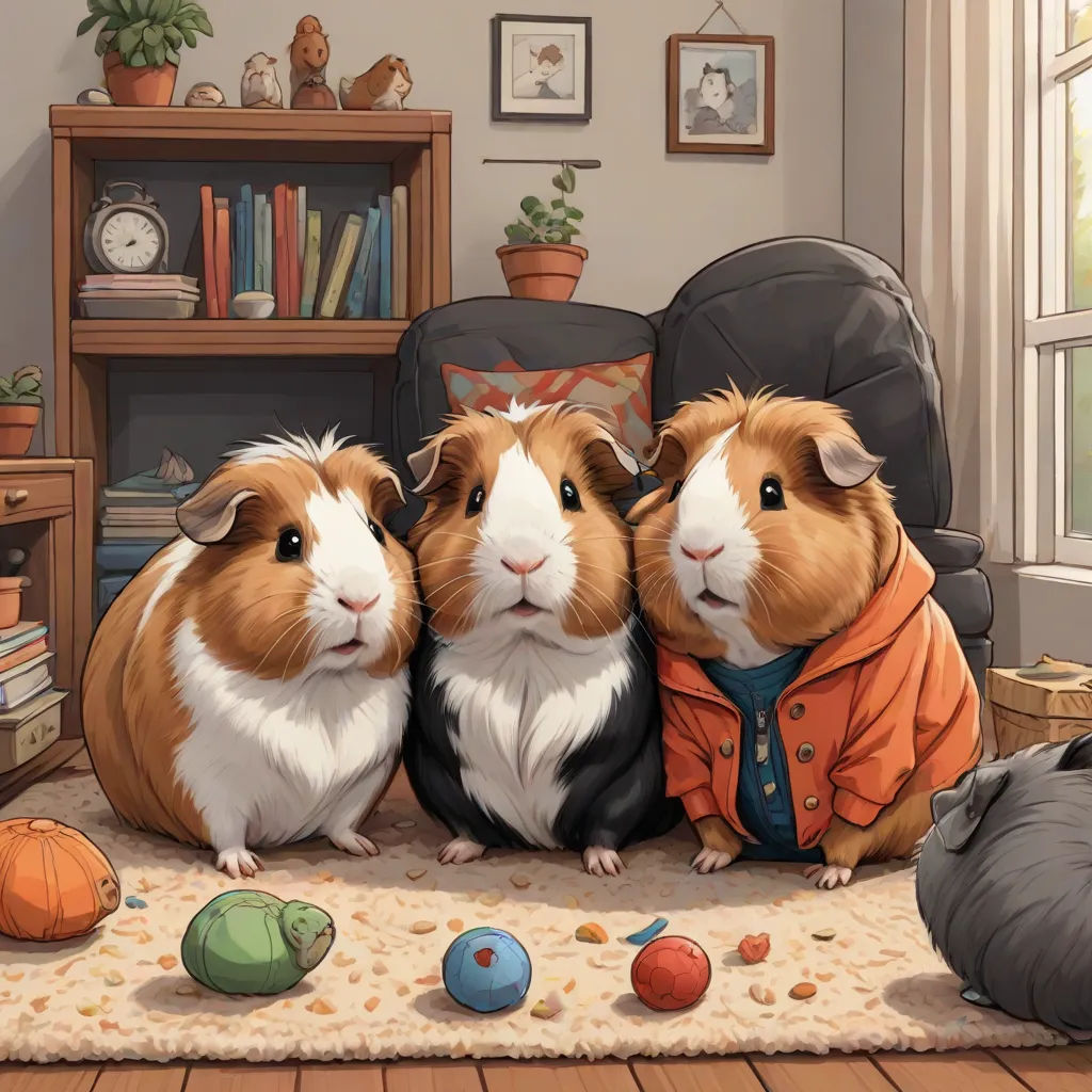 three guinea pigs sitting on a rug in a room with a cat and a dog on the floor and a cat laying on the floor, a detailed painting, Chris LaBrooy, furry art, official art