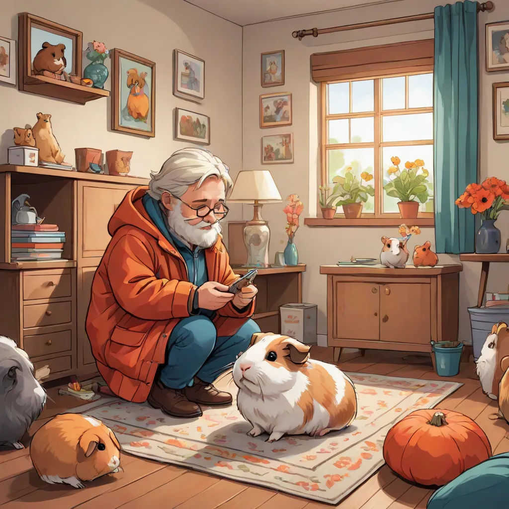 a man sitting on a rug next to a cat and a dog in a room with many pictures on the wall, a storybook illustration, Evgeny Lushpin, furry art, official art