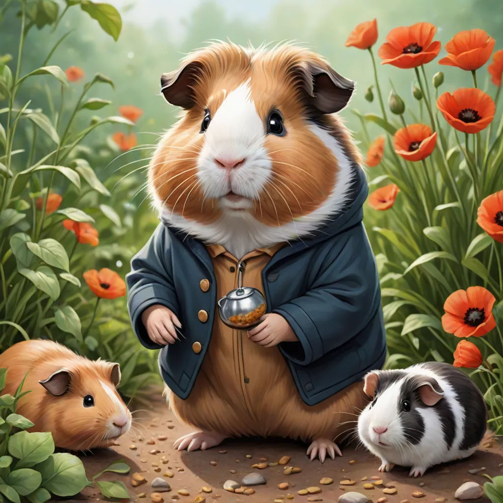 a painting of a guinea pig and two other animals in a field of flowers and grass with a watering can, a detailed painting, Chris LaBrooy, fantasy art, official art