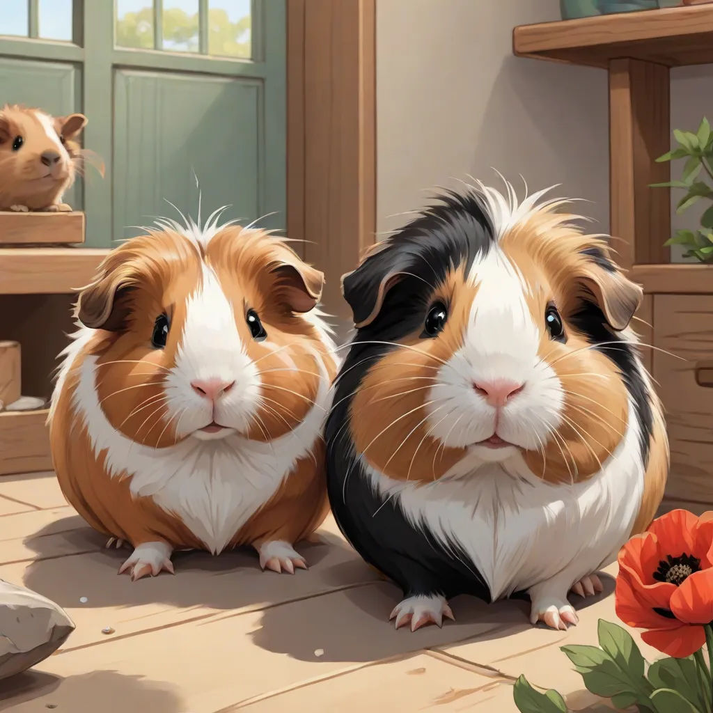a couple of brown and white guinea pigs sitting next to each other on a wooden floor next to a flower, a detailed painting, Brothers Hildebrandt, sots art, official art