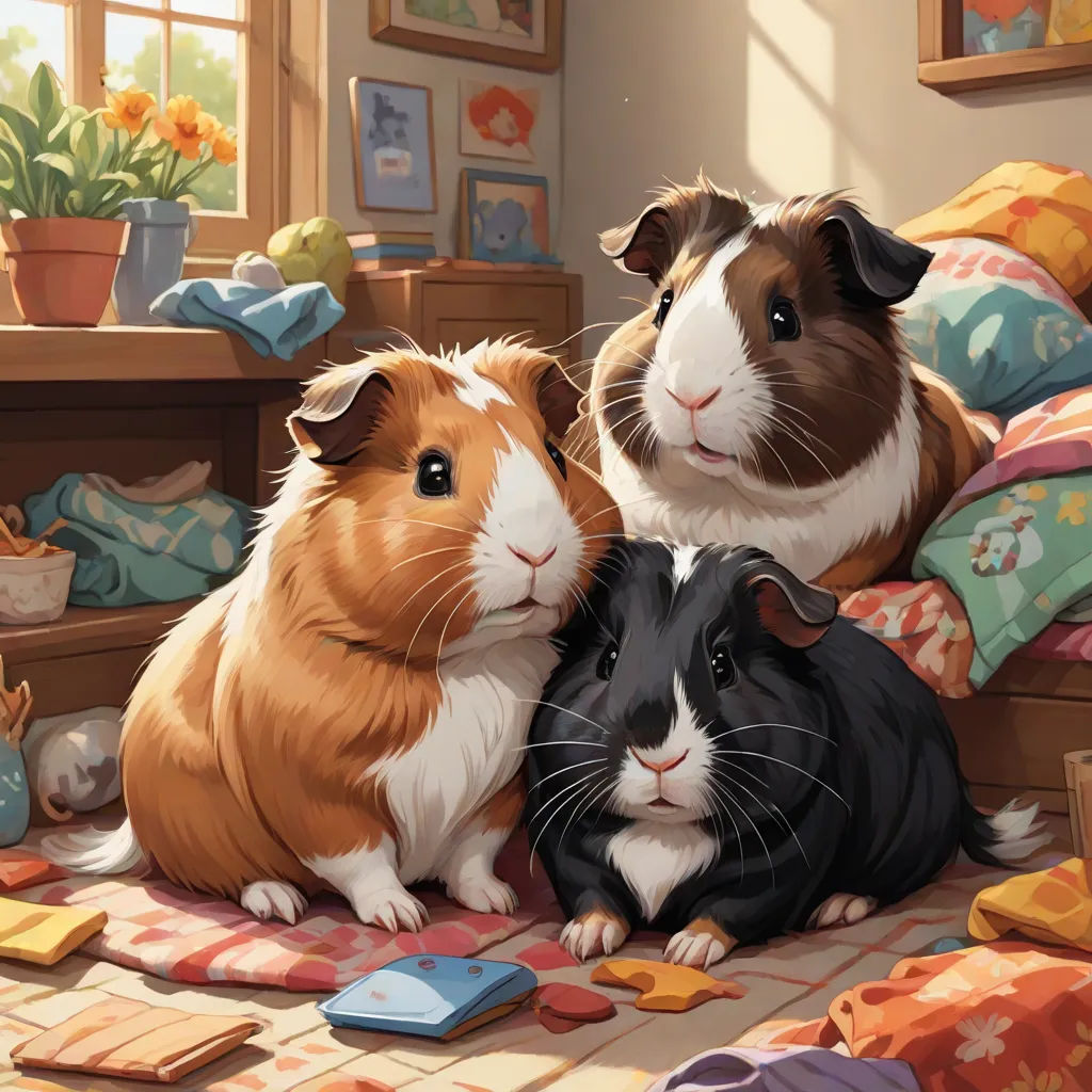 a painting of three guinea pigs sitting on a bed together, with a window in the background and a potted plant in the corner, a detailed painting, David Teniers III, furry art, official art