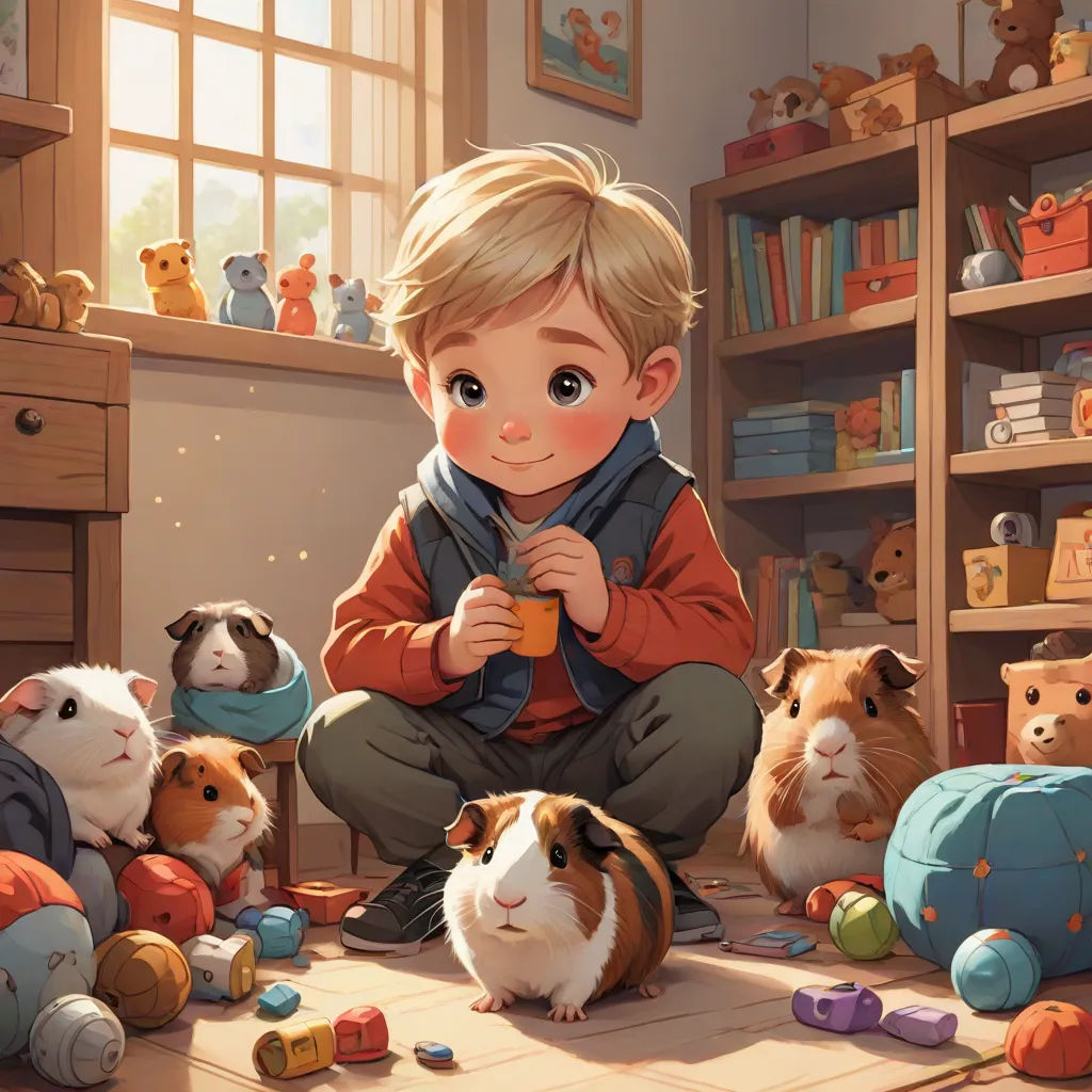 a boy sitting on the floor surrounded by guinea pigs and hamsters in a room with a bookcase, a storybook illustration, Aaron Jasinski, furry art, official art