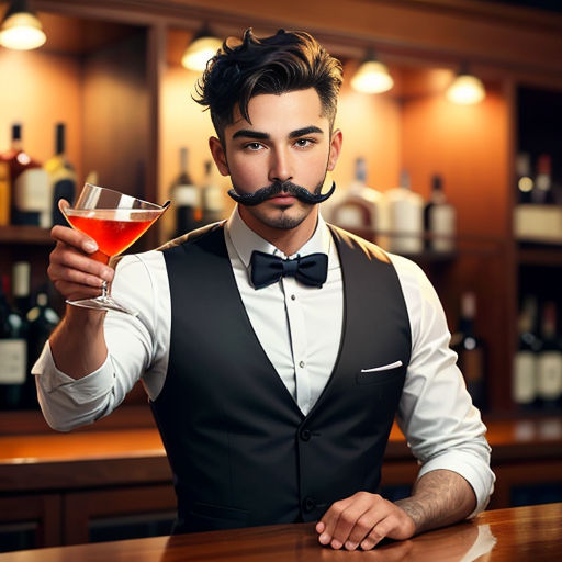 a man with a mustache holding a drink in a bar with a moustache on his face and a moustache on his cheek