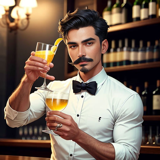 a man holding a glass of wine and a drink in his hand with a mustache on it and a bottle of wine in the background