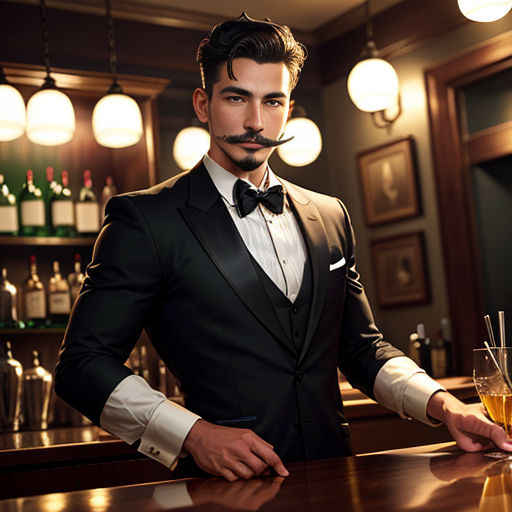 a man in a tuxedo standing at a bar with a drink in his hand and a moustache on his face