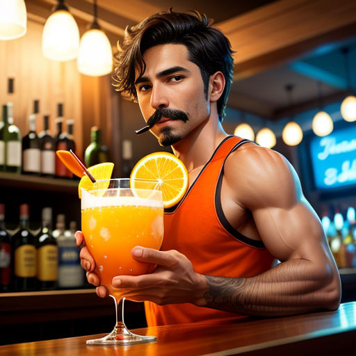 a man with a moustache holding a drink in front of a bar counter with bottles and glasses
