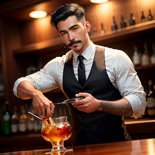 a man in a vest and tie is preparing a drink in a glass on a bar counter with a spoon