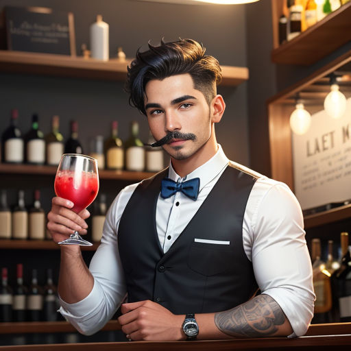 a man holding a glass of wine in front of a bar counter with bottles of wine behind him and a moustache on his face