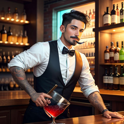 a man in a bow tie holding a drink in a bar with a moustache on his face