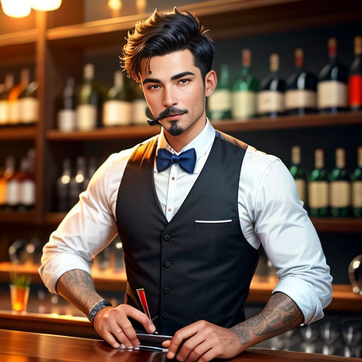 a man in a vest and bow tie standing at a bar with a bottle of wine behind him and a pen in his hand