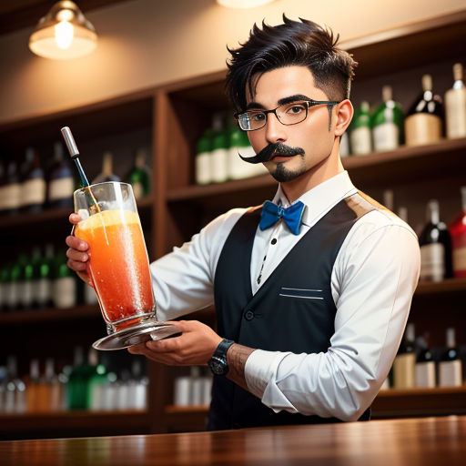 a man holding a drink in a bar with a mustache on his head and a moustache on his face