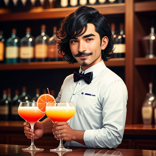 a man holding two glasses of orange juice and a drink in front of him with a bottle of wine behind him