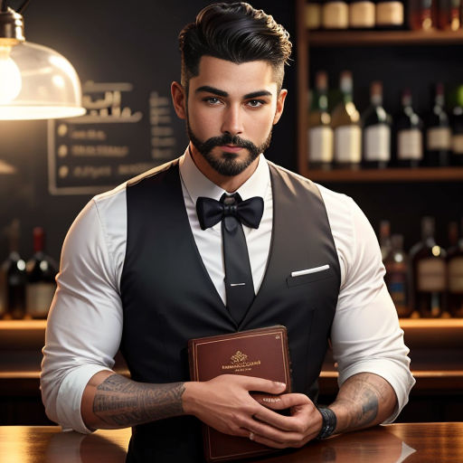 a man in a suit holding a book in his hands and a bottle of wine in the background with a bar in the background