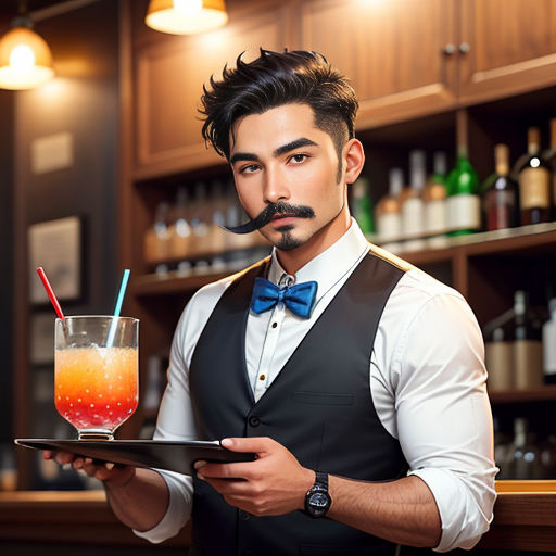 a man holding a tray with a drink on it and a moustache mustache on his face,