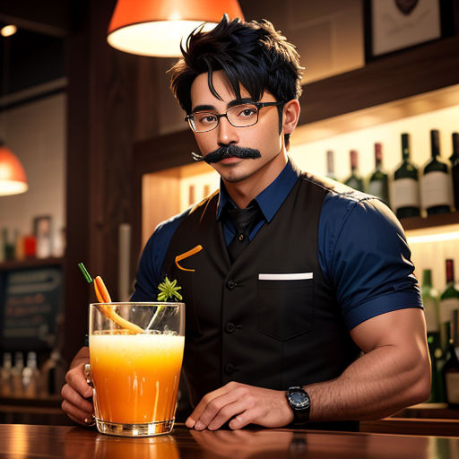 a man with a mustache and glasses sitting at a bar with a drink in front of him and a bottle of wine behind him