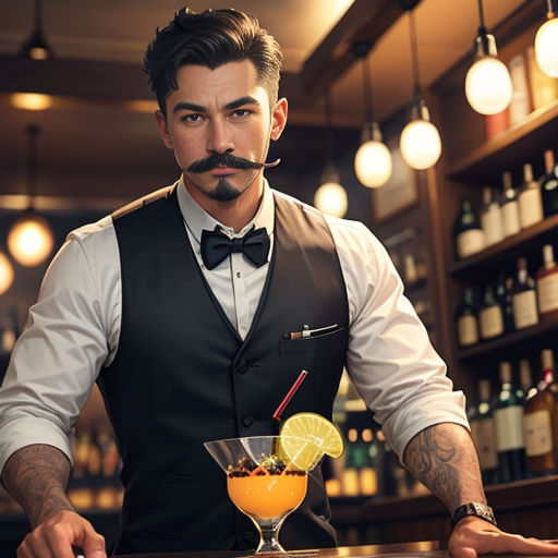a man with a mustache and a moustache standing at a bar with a cocktail in a glass