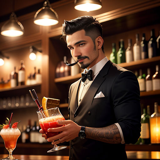 a man in a tuxedo holding a drink in a bar with a pipe in his mouth and a cigar in his mouth