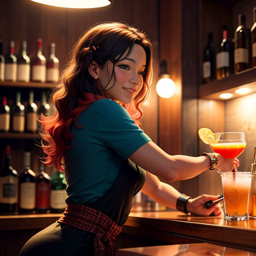 a woman is sitting at a bar with a drink in her hand and a bottle of wine in her other hand