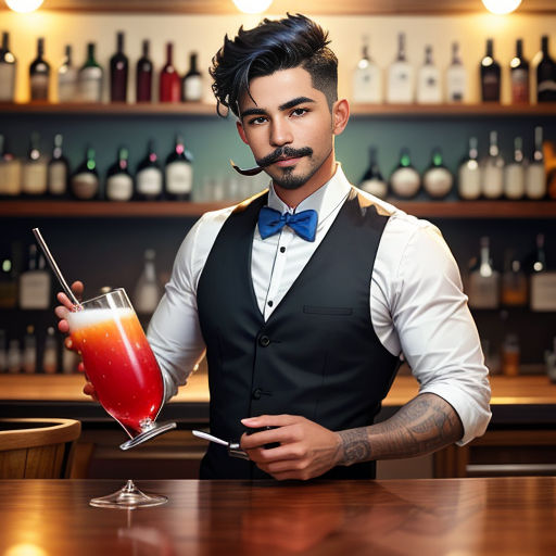 a man with a mustache holding a drink in a bar with bottles behind him and a moustache on his face