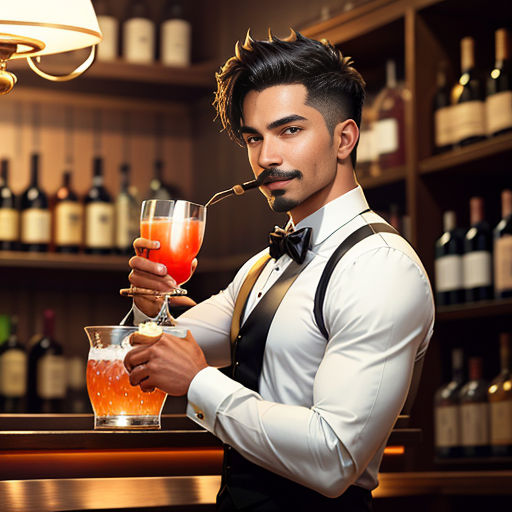 a man in a bow tie holding a glass of wine and a pipe in his mouth with a bottle of wine behind him