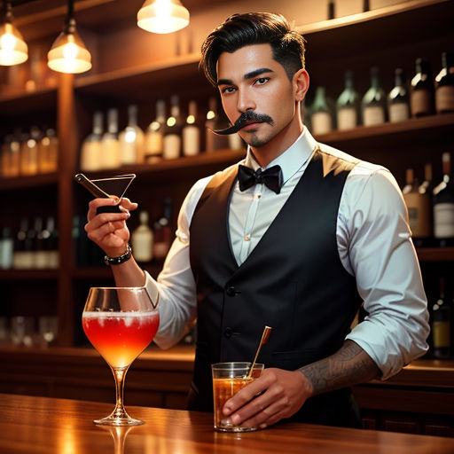 a man holding a drink in a bar with a mustache on his nose and a drink in a glass