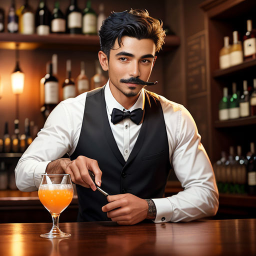 a man with a mustache sitting at a bar with a drink in front of him and a glass of orange juice in front of him
