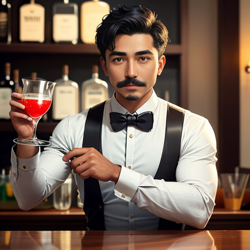 a man holding a glass of wine in front of a bar counter with bottles of alcohol behind him and a bottle of wine in the glass