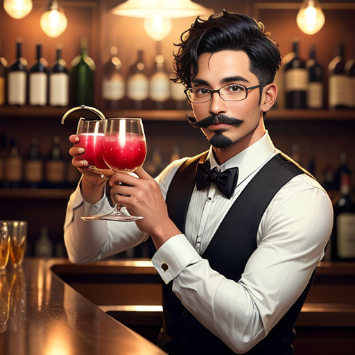 a man holding a glass of wine in front of a bar counter with bottles of wine behind him and a moustache on his face