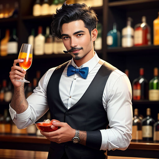 a man holding a glass of wine and a bowl of fruit in front of a bar counter with bottles