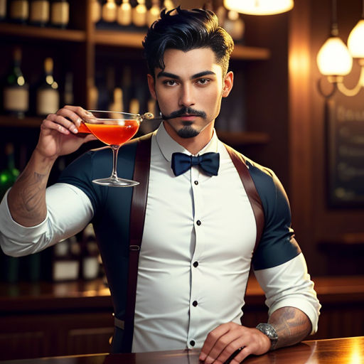 a man in a bow tie holding a drink in a glass in front of a bar counter with bottles of alcohol