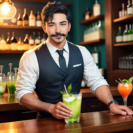 a man in a vest and tie holding a drink in front of a bar with a mojito