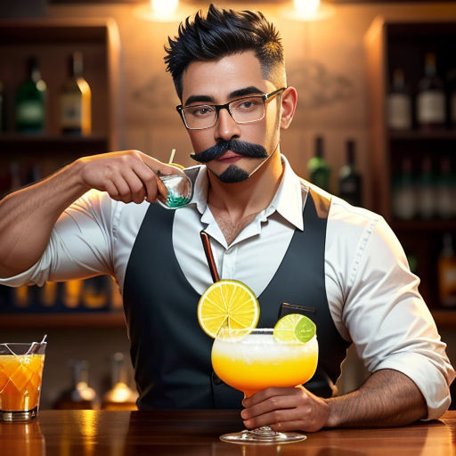 a man with a moustache on his face holding a drink in front of his face and a moustache on his nose