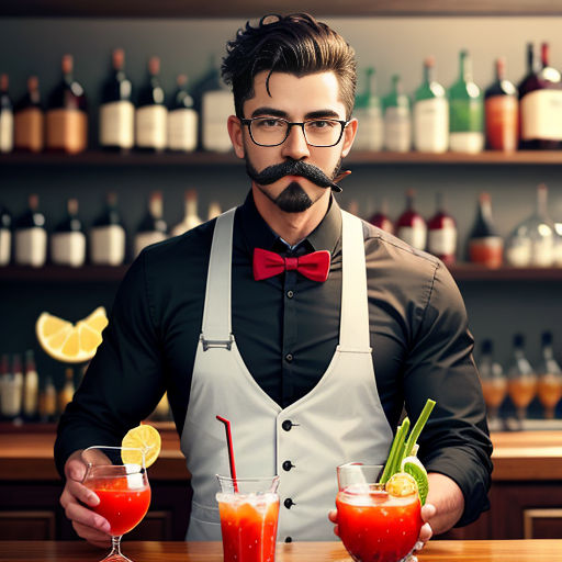 a man with a mustache and glasses holding two glasses of bloody punch in front of a bar counter with bottles and glasses