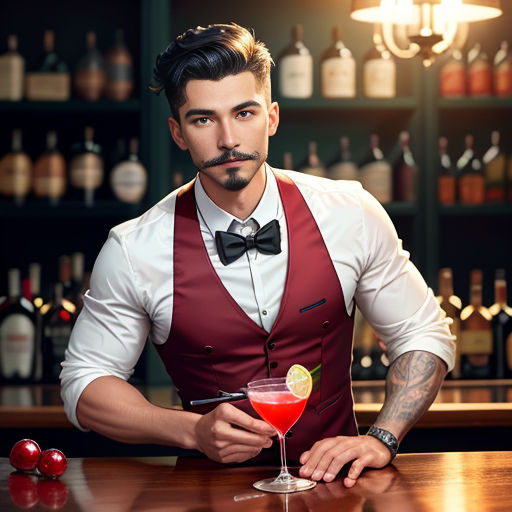 a man in a red vest holding a drink in front of a bar with bottles of alcohol behind him