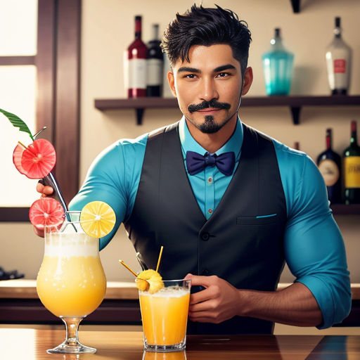 a man in a bow tie holding a drink and a cocktail glass with a garnish on it