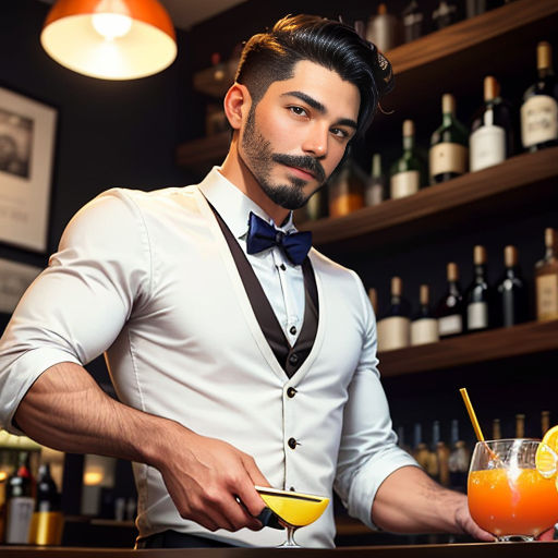 a man in a bow tie is making a drink at a bar with a drink in a glass and a bowl of oranges