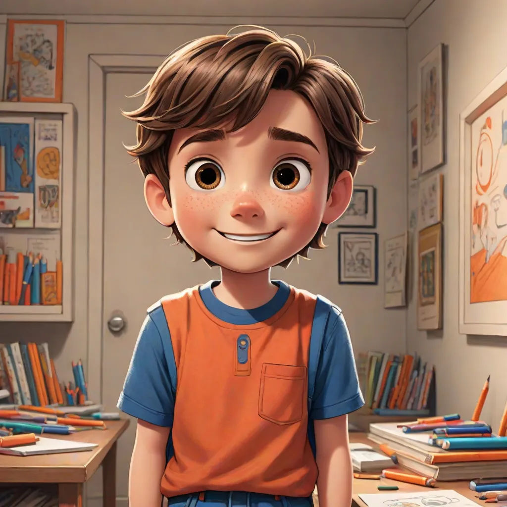 a cartoon boy with a smile on his face in a room full of books and bookshelves with a desk and bookshelves, rossdraws global illumination, photorealism, a character portrait, Alejandro Burdisio