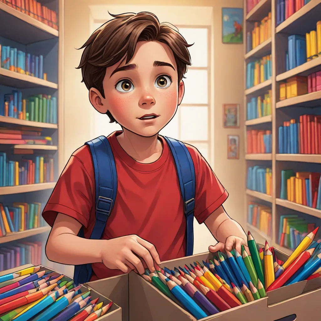 a boy is looking at a box of colored pencils in a library with a window in the background, rossdraws global illumination, serial art, a storybook illustration, Alejandro Burdisio