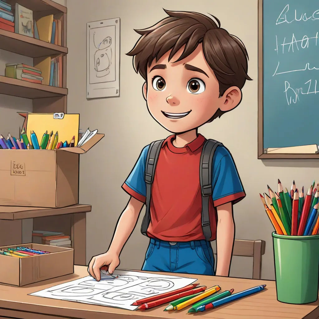 a boy is standing in front of a desk with a book and pencils in front of him and a box of books, behance hd, lyco art, a storybook illustration, Diego Gisbert Llorens