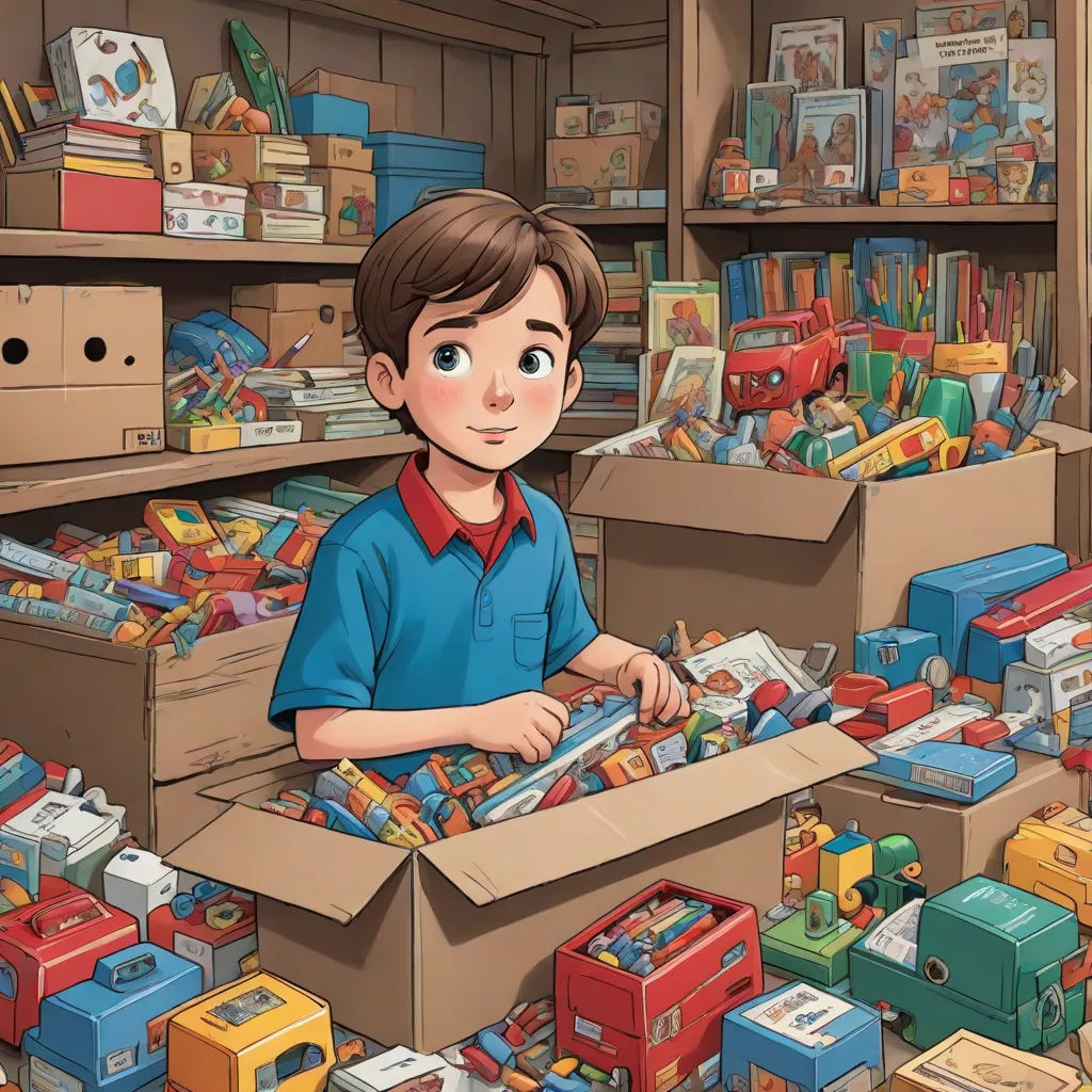 a boy is standing in a box filled with toys and boxes of toys in a room full of boxes, detailed illustration, photorealism, a storybook illustration, Diego Gisbert Llorens