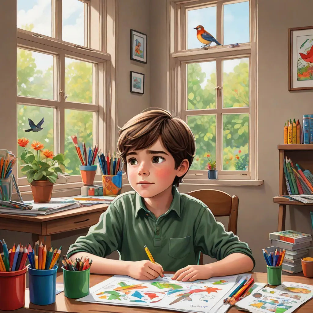 a boy sitting at a desk with a book and pencils in front of him and a bird on the window, storybook illustration, american scene painting, a storybook illustration, Aaron Jasinski